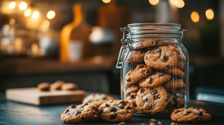 A charming image of a jar filled with homemade cookies, with a few cookies scattered around and a cozy, inviting kitchen atmosphere in the background.の素材