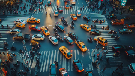 A busy city intersection during rush hour, with cars, motorcycles, and pedestrians moving in different directions, highlighting the chaotic yet organized flow of urban trafficの素材