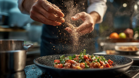 A chef hands sprinkling seasoning or herbs over a dish, with a focus on the action and the textures of the ingredients, set in a modern, well-equipped kitchen.の素材