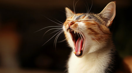 A close-up of a cat yawning widely, with its mouth open and sharp teeth visible, capturing a candid and adorable moment of feline lifeの素材