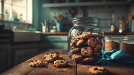 A charming image of a jar filled with homemade cookies, with a few cookies scattered around and a cozy, inviting kitchen atmosphere in the background.の素材