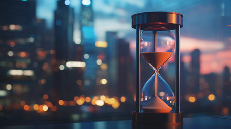 A classic hourglass with sand halfway through, set against a blurred cityscape backdrop, capturing the concept of time passing in the fast-paced urban environment.の素材