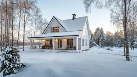 A charming Nordic-style home with a pitched roof, white facade, and cozy porch, nestled in a snowy landscape, reflecting classic Scandinavian architecture.の素材