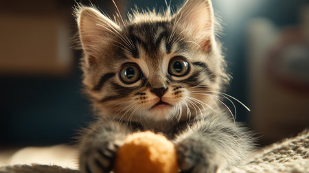 A close-up of a cute kitten with big, expressive eyes, playfully batting at a toy, with soft, natural light highlighting its fluffy fur and endearing features.の素材