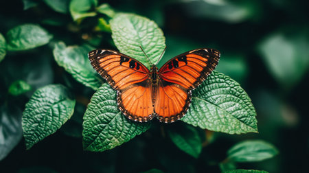 A close-up of a fiery orange butterfly resting on a green leaf in a lush garden, with the delicate details of its wings and the contrast of colors standing out.の素材