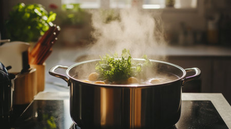 A close-up of a pot simmering with a hearty soup or stew, with steam rising and fresh herbs or vegetables visible, set against a cozy kitchen backdrop.の素材