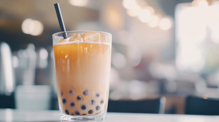 A close-up of a clear glass of bubble tea with a wide straw, filled with tea and chewy tapioca pearls, on a white surface for emphasis.の素材