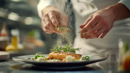 A chef hands sprinkling seasoning or herbs over a dish, with a focus on the action and the textures of the ingredients, set in a modern, well-equipped kitchen.の素材