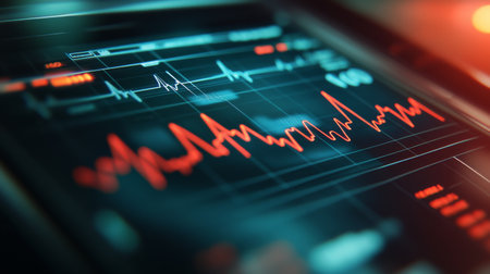 A close-up of a digital heart rate monitor displaying a fluctuating heart rate graph, with clear, sharp lines on a sleek screenの素材