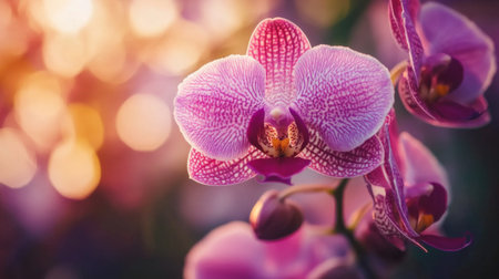 A close-up of a beautiful orchid with intricate patterns and vibrant colors, highlighting the delicate structure and elegance of the flower.の素材