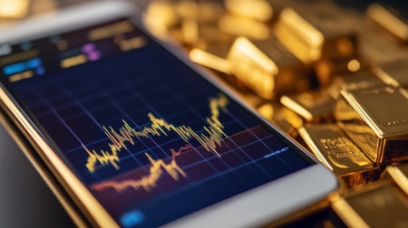 A close-up of a gold price chart with a sharp upward trend, displayed on a financial app on a smartphone, illustrating the impact of gold market movements on personal investments.の素材