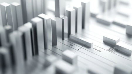 A close-up of a 3D bar chart with bars in varying heights, detailed with texture and shadow effects, and a clean white background highlighting the chart clarity and precision.の素材