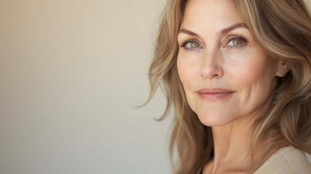 A close-up of a confident 50-year-old woman with natural, graceful aging, showcasing her radiant skin and gentle smile against a soft, neutral background.の素材