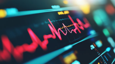 A close-up of a heart rate monitor with clear, real-time ECG waves displayed, used in an emergency room or critical care unit, emphasizing vital sign monitoring.の素材
