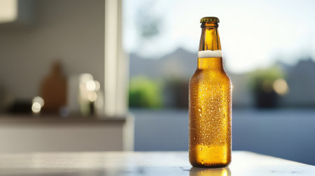 A chilled beer bottle with condensation on its surface, placed on a white table, capturing its refreshing and cold appearance.の素材