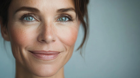 A close-up of a 50-year-old woman face with a genuine smile, showcasing her confidence and grace, set against a clean, simple background.の素材