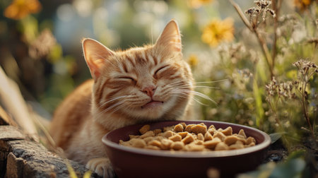A close-up of a rotund cat enjoying its meal, with a bowl full of tasty food and a focus on its happy, chubby face, set against a soft, natural backdrop.の素材