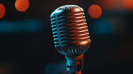 A close-up of a classic dynamic microphone with a metallic mesh head, set against a dark, blurred background to highlight its sleek design and textureの素材