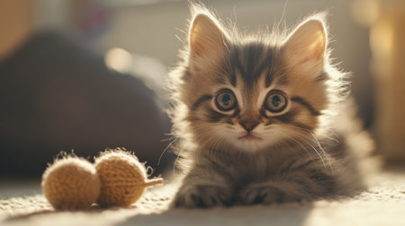 A close-up of a cute kitten with big, expressive eyes, playfully batting at a toy, with soft, natural light highlighting its fluffy fur and endearing features.の素材