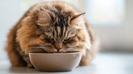 A close-up of a large, fluffy cat eating from a bowl, with its round body and contented expression showcased against a clean, neutral background.の素材