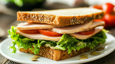 A close-up of a freshly made sandwich with layers of turkey, lettuce, and tomato, showcasing the vibrant ingredients and crisp textures on a white plate.の素材