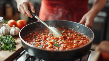 A close-up of a home cook stirring a pot of pasta sauce, with tomatoes, garlic, and herbs visible, highlighting the ingredients and the cooking processの素材