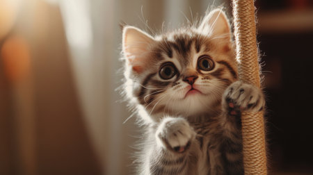A close-up of a cute kitten with big, expressive eyes, playfully batting at a toy, with soft, natural light highlighting its fluffy fur and endearing features.の素材