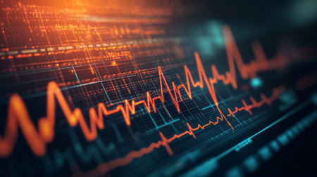 A close-up of a heart rate monitor ECG readout with visible peaks and troughs, highlighting the detailed waveform and clinical accuracy in a hospital environment.の素材