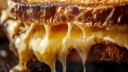 A close-up of a savory grilled cheese sandwich with melted cheese oozing out, captured on a textured surface to emphasize the delicious, gooey filling.の素材