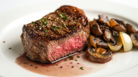 A close-up of a medium-rare steak with a side of saut mushrooms and onions, captured on a white plate against a white background to emphasize the rich textures and details.の素材