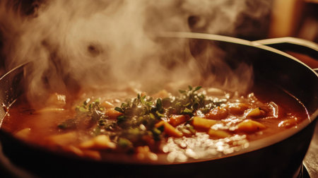 A close-up of a pot simmering with a hearty soup or stew, with steam rising and fresh herbs or vegetables visible, set against a cozy kitchen backdrop.の素材