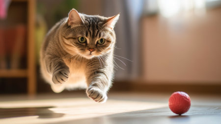 A chunky cat playfully chasing a toy, its round shape and energetic movements bringing joy and laughter to the moment.の素材