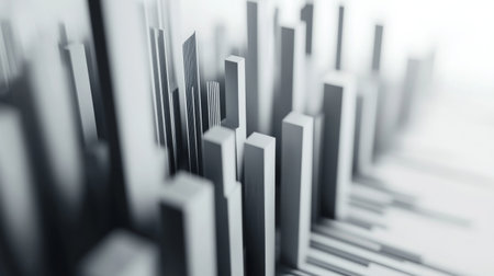 A close-up of a 3D bar chart with bars in varying heights, detailed with texture and shadow effects, and a clean white background highlighting the chart clarity and precision.の素材