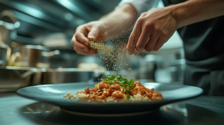 A chef hands sprinkling seasoning or herbs over a dish, with a focus on the action and the textures of the ingredients, set in a modern, well-equipped kitchen.の素材