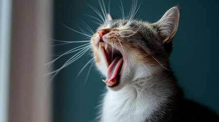 A close-up of a cat yawning widely, with its mouth open and sharp teeth visible, capturing a candid and adorable moment of feline lifeの素材