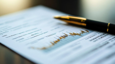 A close-up of a printed gold price chart with annotations and trend lines, placed on a desk with financial reports and a pen, emphasizing detailed market analysis.の素材