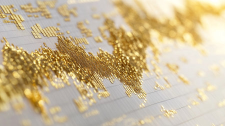 A close-up of a financial chart displaying gold price trends, with a prominent gold line and data points against a clean white background, illustrating market movements.の素材