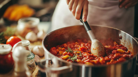A close-up of a home cook stirring a pot of pasta sauce, with tomatoes, garlic, and herbs visible, highlighting the ingredients and the cooking processの素材