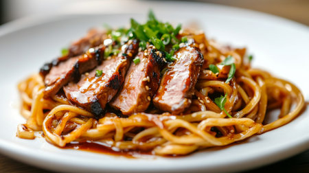 A close-up of a serving of noodles with succulent meat slices and a drizzle of savory sauce, elegantly presented on a white plate for a minimalist and appetizing look.の素材