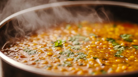 A close-up of a steaming bowl of Indian dal, set against a white background, with visible spices and herbs adding depth to the image.の素材