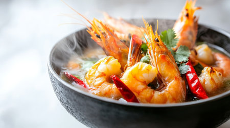 A close-up of a steaming bowl of Tom Yum Goong, showcasing the shrimp, chili peppers, and lemongrass, set against a clean white backdrop.の素材