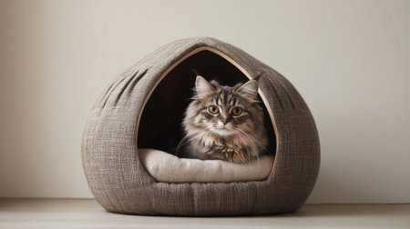 A cute, whimsical cat house shaped like a tiny cottage, with a soft cushion inside and a playful design, set against a neutral backdropの素材