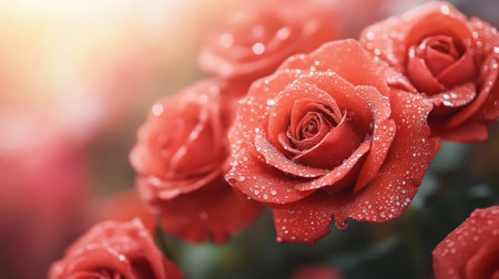 A close-up of vibrant red roses with dew droplets on the petals, showcasing their intricate texture and rich color, set against a soft, blurred background.の素材