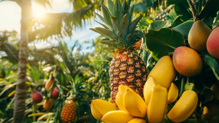 A close-up of a variety of tropical fruits like pineapples, mangoes, and bananas growing in a sunlit fruit garden.の素材