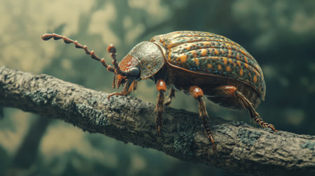 A close-up view of a beetle crawling on a branch, with a focus on its unique texture and hard shell.の素材