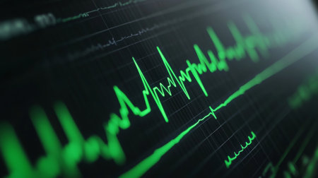A close-up of an ECG monitor displaying electrical waves, with a steady rhythm and green lines on a black screen, representing medical technology.の素材