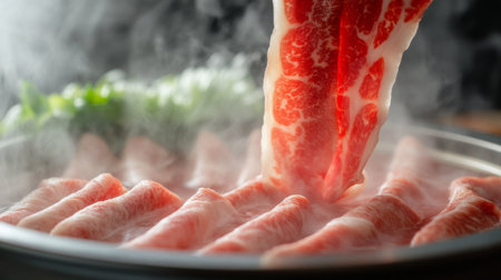 A close-up of thinly sliced meat being lifted into a shabu hot pot, with steam and a white background emphasizing the freshness and warmth.の素材