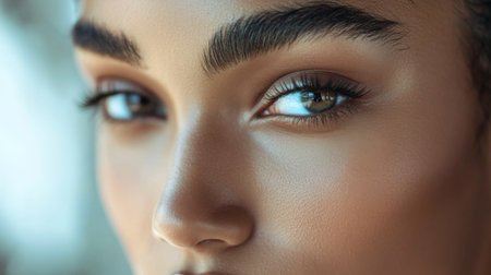 A close-up of a woman's face with flawless makeup, highlighting her perfectly shaped eyebrows and smooth, glowing skin, with a focus on the professional application and attention to detail.の素材