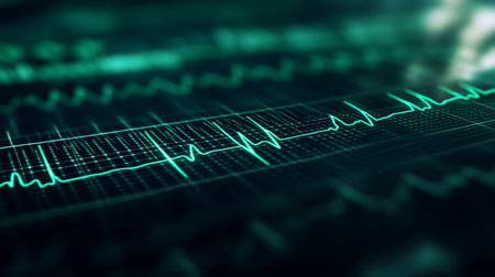 A close-up of an ECG monitor displaying electrical waves, with a steady rhythm and green lines on a black screen, representing medical technology.の素材