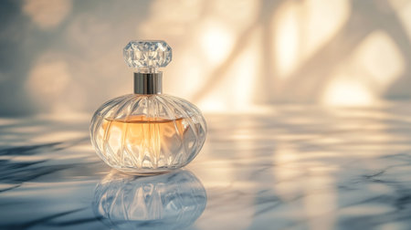 A close-up of an elegant perfume bottle with a crystal stopper, set on a marble countertop with soft lighting highlighting its luxurious design.の素材